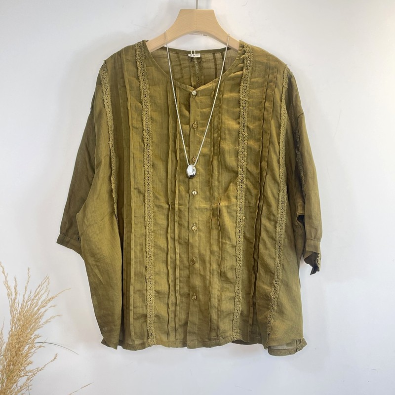 亚麻钩花镂空圆领排扣衬衫女夏季宽松大码甜美减龄短袖娃娃衫,淘宝优惠券,粉丝福利购,淘宝优惠卷