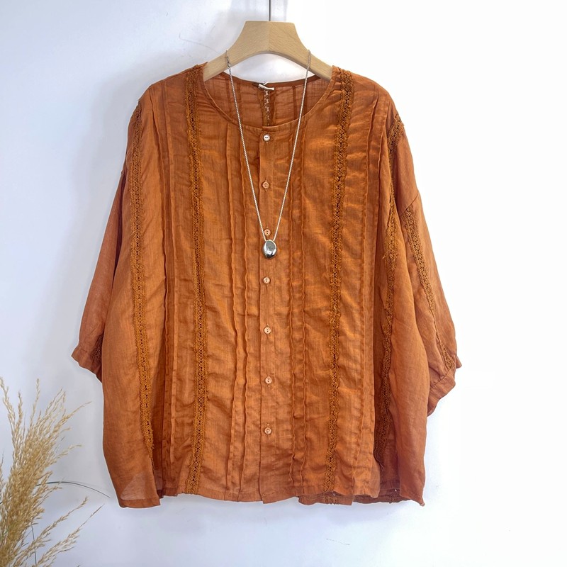 亚麻钩花镂空圆领排扣衬衫女夏季宽松大码甜美减龄短袖娃娃衫,淘宝优惠券,粉丝福利购,淘宝优惠卷