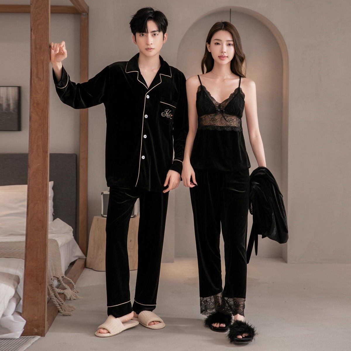 秋冬季金丝绒情侣睡衣女长袖吊带长袖三件套家居服男款可外穿套装,淘宝优惠券,粉丝福利购,淘宝优惠卷