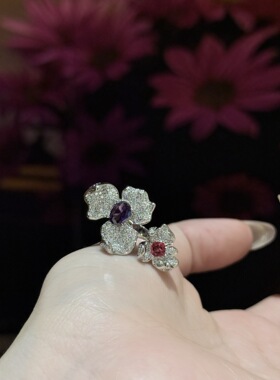 紫红撞色双花满钻轻奢开口戒