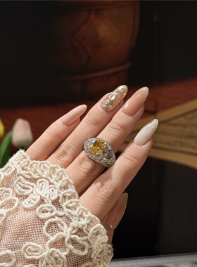 黄钻方糖戒指女宫廷风不掉色