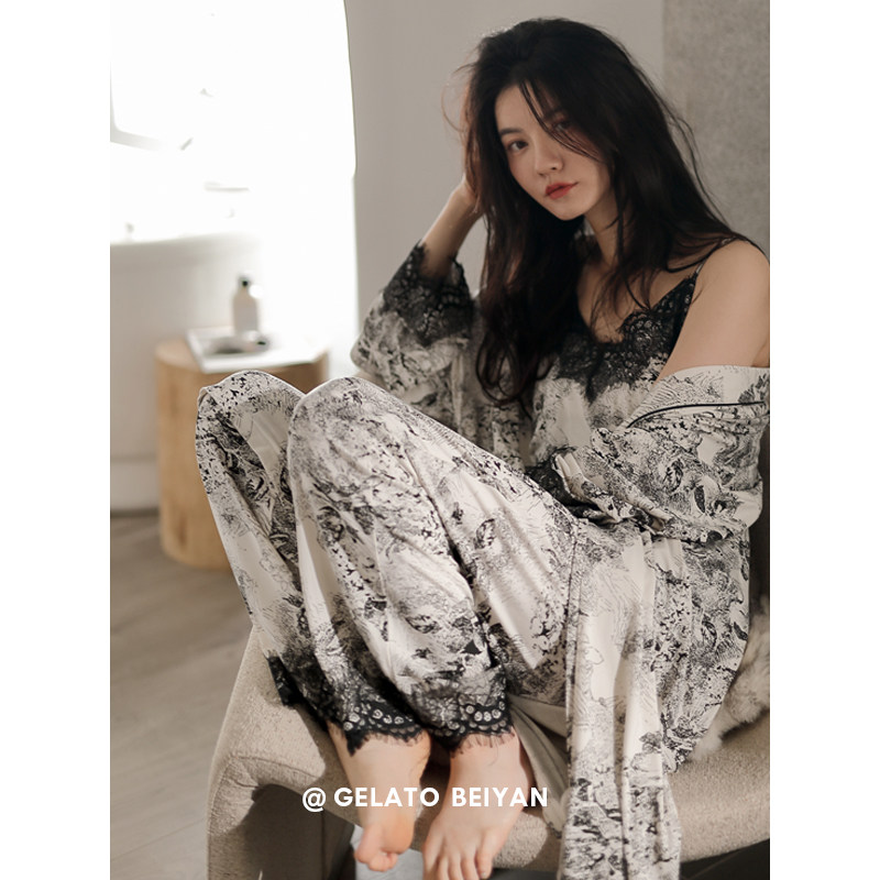 贝妍春秋季长袖性感v领莫代尔睡袍 贝妍软绵绵睡衣/家居服套装