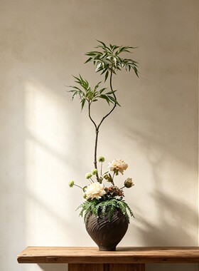 侘寂风手绘陶瓷花瓶禅意手工插花