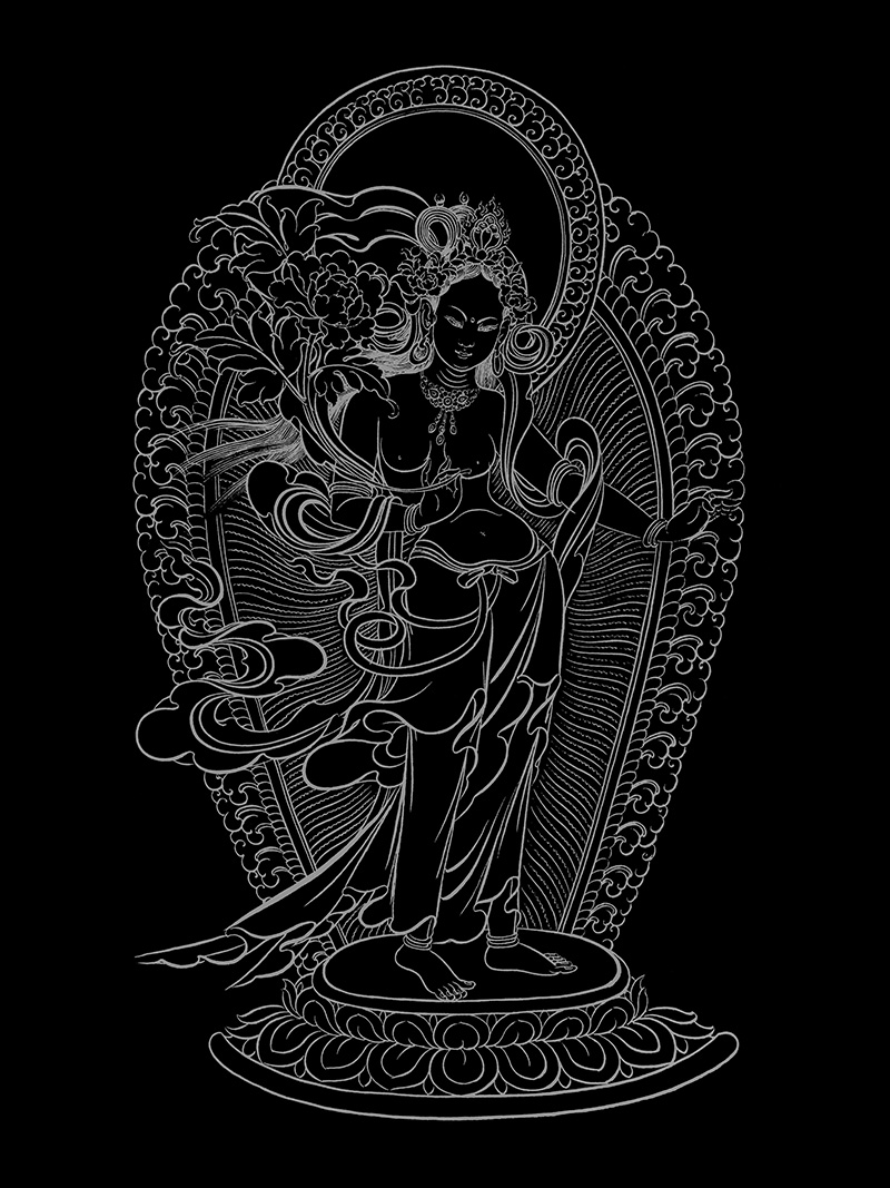 西藏唐卡涂色描金线稿 绿度母立线 静心减压手绘唐卡填色描金 - 图2