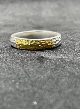 手工999纯银锤纹贴金指环