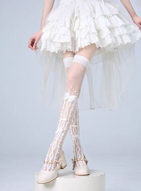 洛丽塔白色蕾丝点点花纹长筒袜春夏薄款透明蝴蝶结甜美少女过膝袜