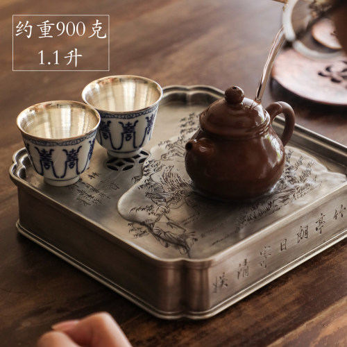 秦藏阁 雕刻竹林七贤大四方纯锡壶承 纯手工建水干泡茶盘精工雅作 - 图0