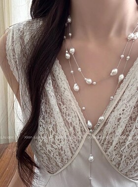 轻奢多层珍珠长款毛衣链女