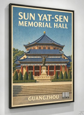 Guangzhou Vintage Travel Poster Set广州塔装饰画珠江夜游复古