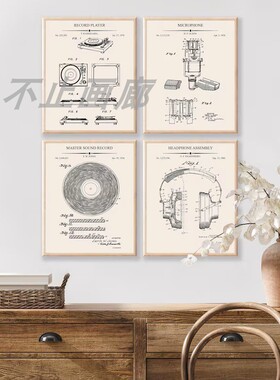 麦克风耳机唱片机调音台录音室排练室音乐教室乐队装饰画有框挂画