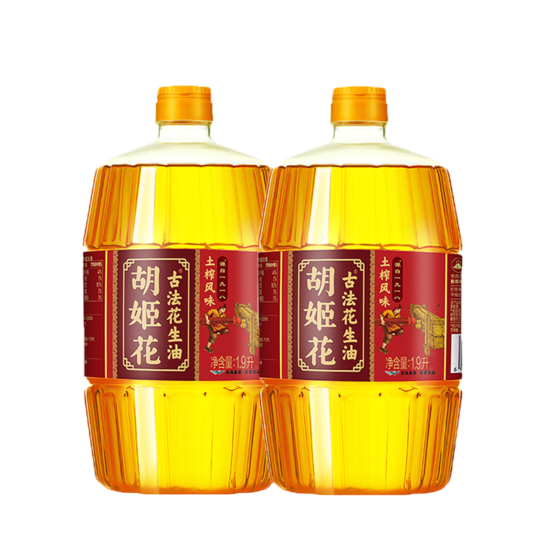 胡姬花古法土榨风味花生油1.9L*2 桶装家用烹饪烘焙团购食用油