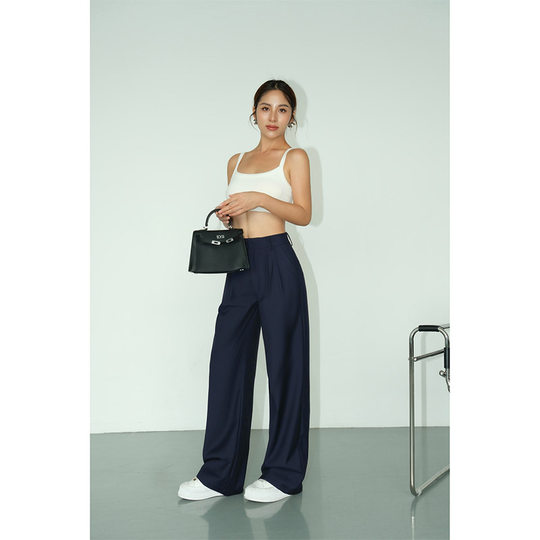 NEVA HU黑色高腰阔腿西装裤女2025秋季宽松垂感休闲直筒拖地长裤