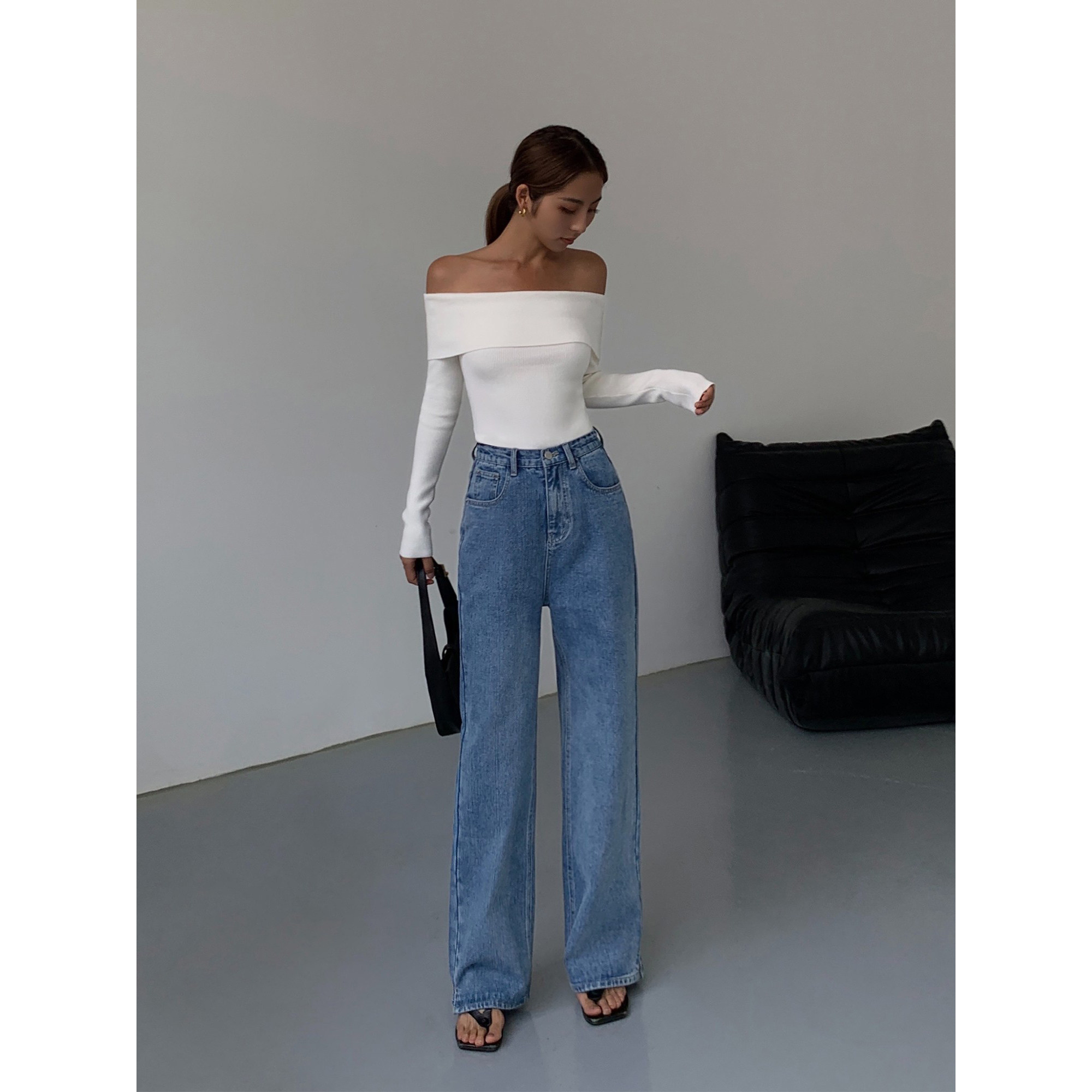 NEVA HU 优雅弧度 黑色一字肩针织衫女露肩长袖t恤修身气质上衣,淘宝优惠券,粉丝福利购,淘宝优惠卷