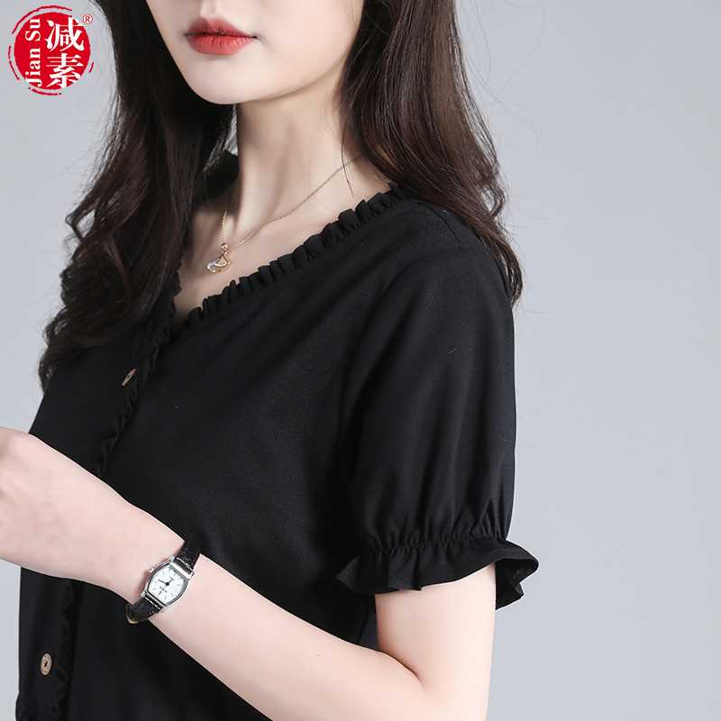 小个子短袖连衣裙女宽松显瘦赫本小黑裙2022夏季新款收腰系带短裙