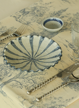 日本舍米蓝古染釉波浪边餐盘