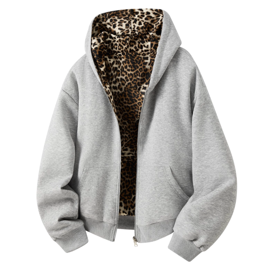 拉夏贝尔豹纹双面穿卫衣开衫男女秋季拼接连帽外套高街痞帅宽松潮