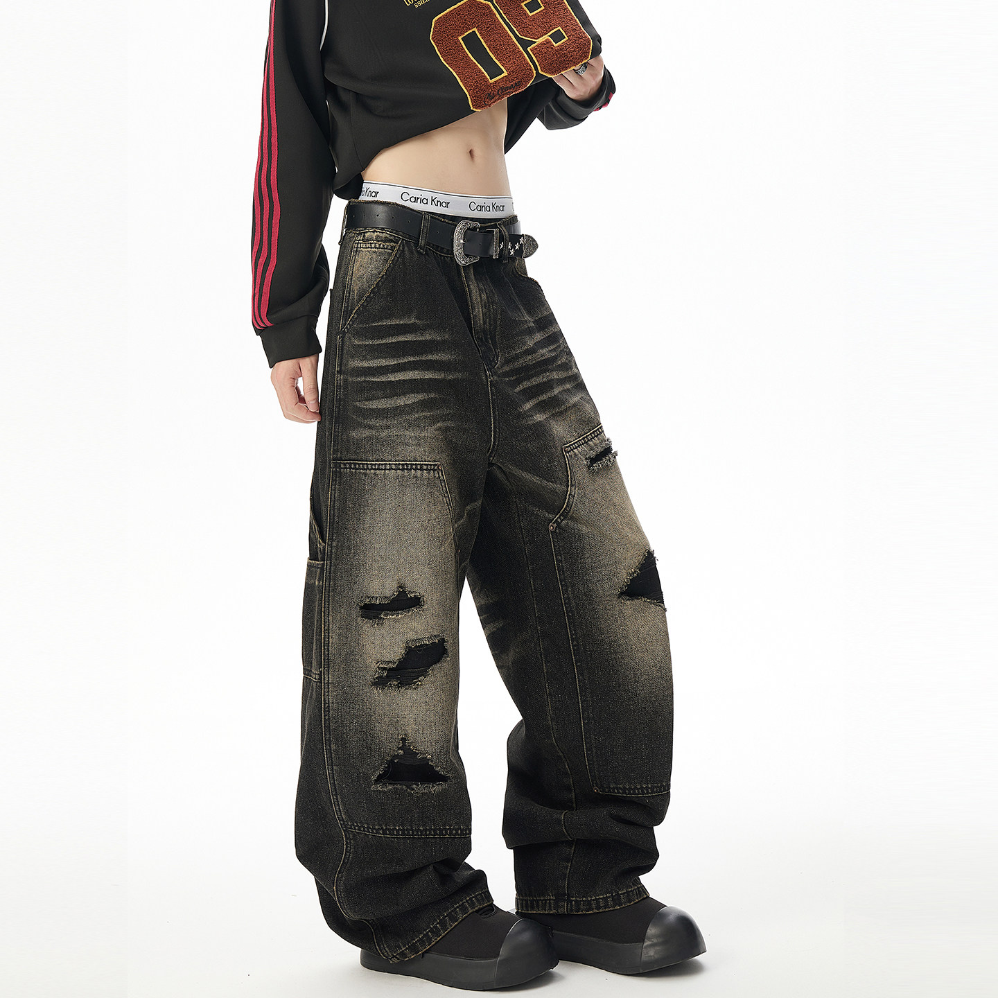 拉夏贝尔水波纹破洞贴布设计感牛仔裤2025男女新款秋季季直筒裤子,淘宝优惠券,粉丝福利购,淘宝优惠卷