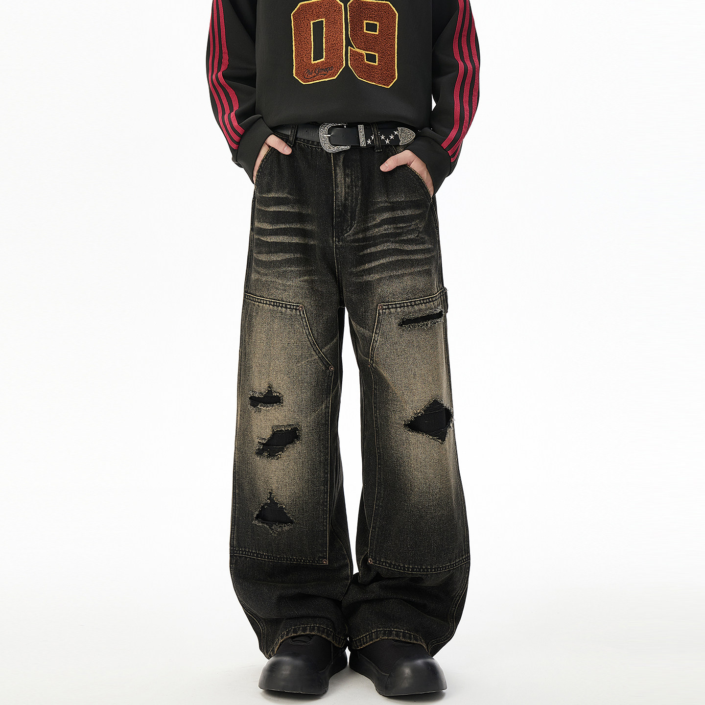 拉夏贝尔水波纹破洞贴布设计感牛仔裤2025男女新款秋季季直筒裤子,淘宝优惠券,粉丝福利购,淘宝优惠卷