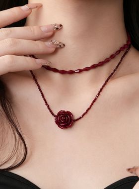 复古法式红色玫瑰花双层叠戴项链女小众设计感choker颈链锁骨链潮