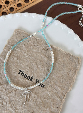 夏日清凉色系短款项链蓝色串珠珍珠蝴蝶结锁骨链海边珍珠颈链配饰