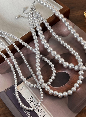 复古灰色珍珠项链倪妮同轻奢小众毛衣锁骨链简约灰珍珠颈链配饰潮