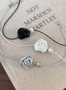 法式气质皮质玫瑰花珍珠颈链choker小众设计高级感项链女2024新款