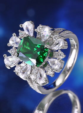 新款上新高级奢华设计s925纯银祖母绿女戒指绿宝石镶嵌指环名媛风