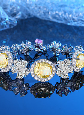 S925纯银镶嵌高碳钻冰花切金黄色手链女白色五瓣花可调节高级感