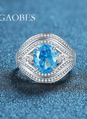 S925纯银高碳钻红色海蓝色粉色绿色蛋形女戒指奢华高档名媛时尚