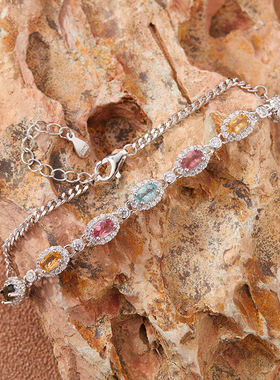 直播新款天然碧玺彩宝手链女S925纯银首饰抖音小红书直播跨境