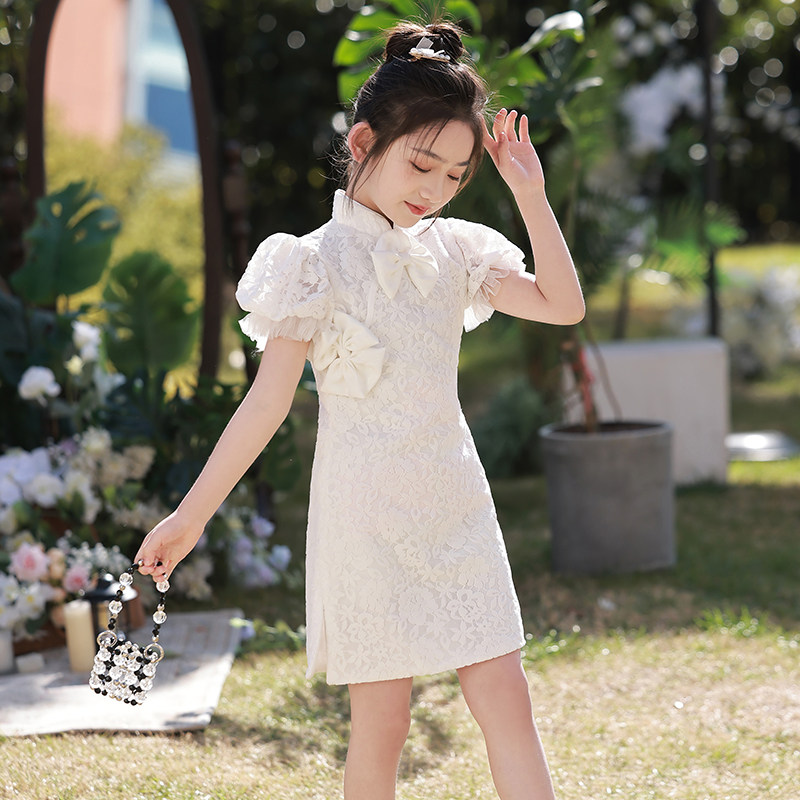 女童旗袍白色国潮儿童中国风礼服走秀宝宝连衣裙小女孩唐装夏季女