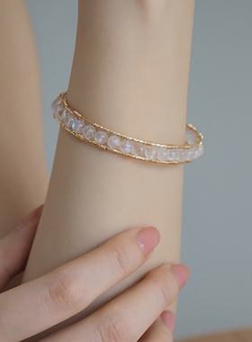 白月光系列 小众设计感天然月光石复古手工绕线开口手镯14K包金