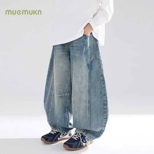MUCMUKN童装 春款男女童裤子复古百搭弯刀牛仔裤宽松香蕉裤 - 图1