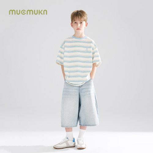 MUCMUKN【小熊夏游】亲肤透气蓝白条抱抱熊绣花短袖T恤中大童26夏 - 图2