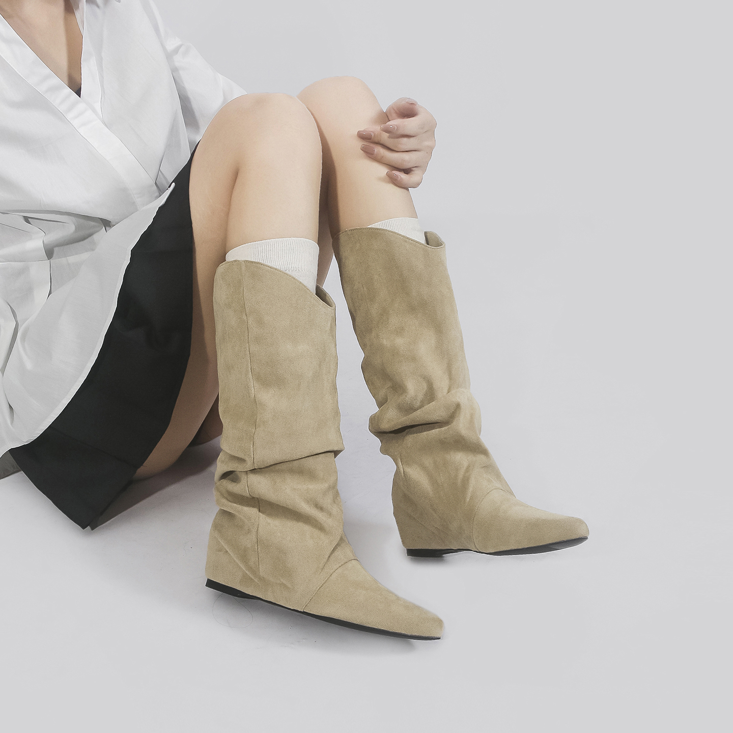 林向晚 简约慵懒~美拉德不过膝长靴女内增高西部靴复古褶皱堆堆靴 - 图1