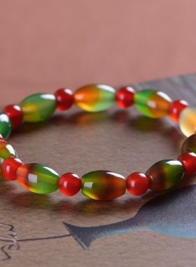 南京天然雨花石孔雀绿玛瑙桶珠手链原石玛瑙手串转运男女礼品