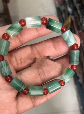 南京天然雨花石孔雀绿玛瑙桶珠手链原石玛瑙手链转运男女礼品包邮