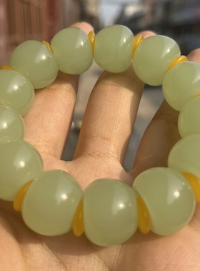 新疆和田玉新料晴水桶珠手串真品浅绿手链男款情侣转运老型珠佛珠