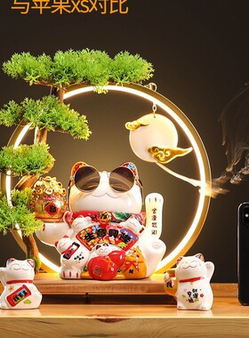 创意招财猫摆件自动摇手店铺前台收银台家居装饰开业送礼绿植灯圈