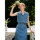 ຊຸດກະໂປງກະໂປງ denim sleeveless ສີຟ້າ lapel
