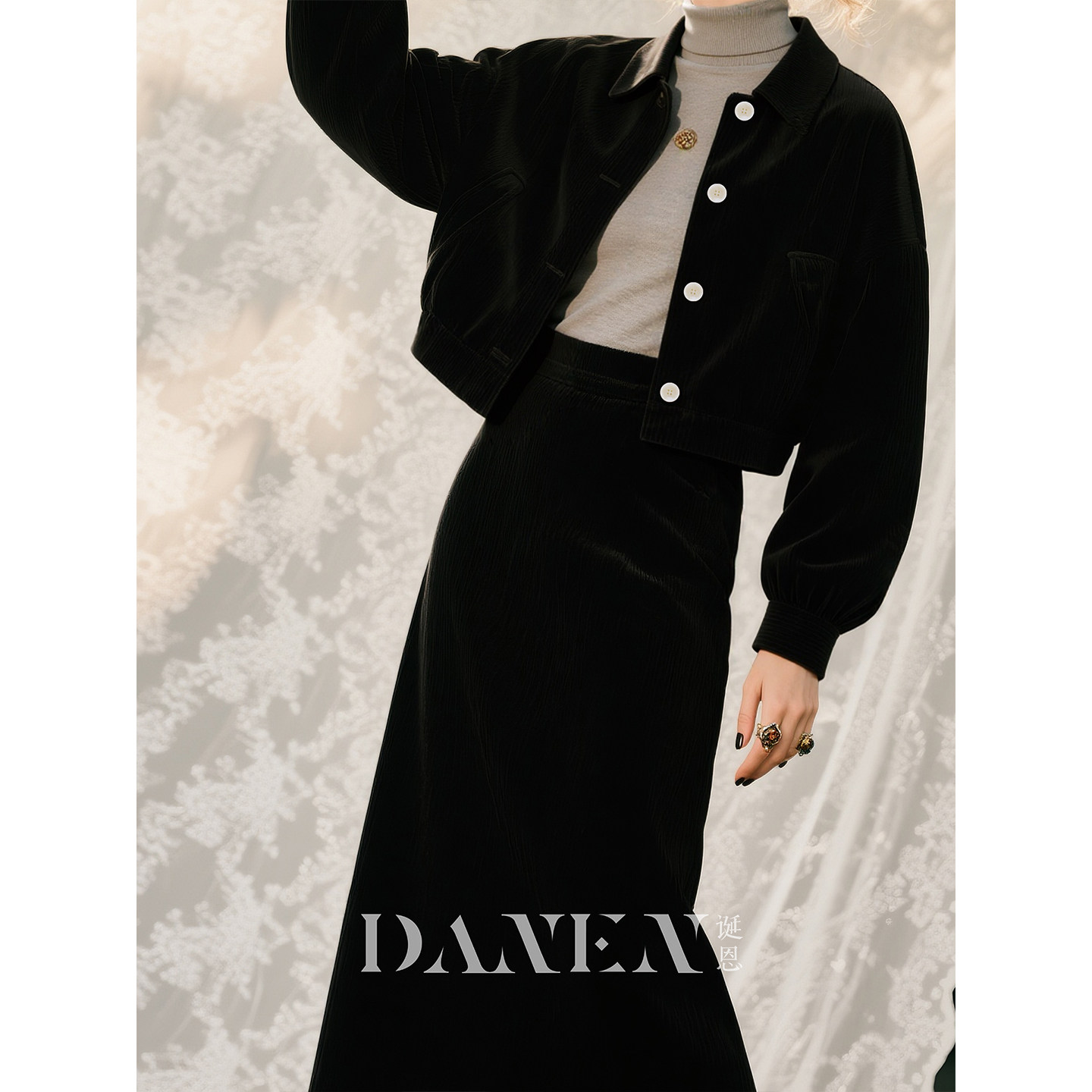 黑色灯芯绒套装女2026年秋冬新款翻领夹克上衣高腰半身裙两件套,淘宝优惠券,粉丝福利购,淘宝优惠卷