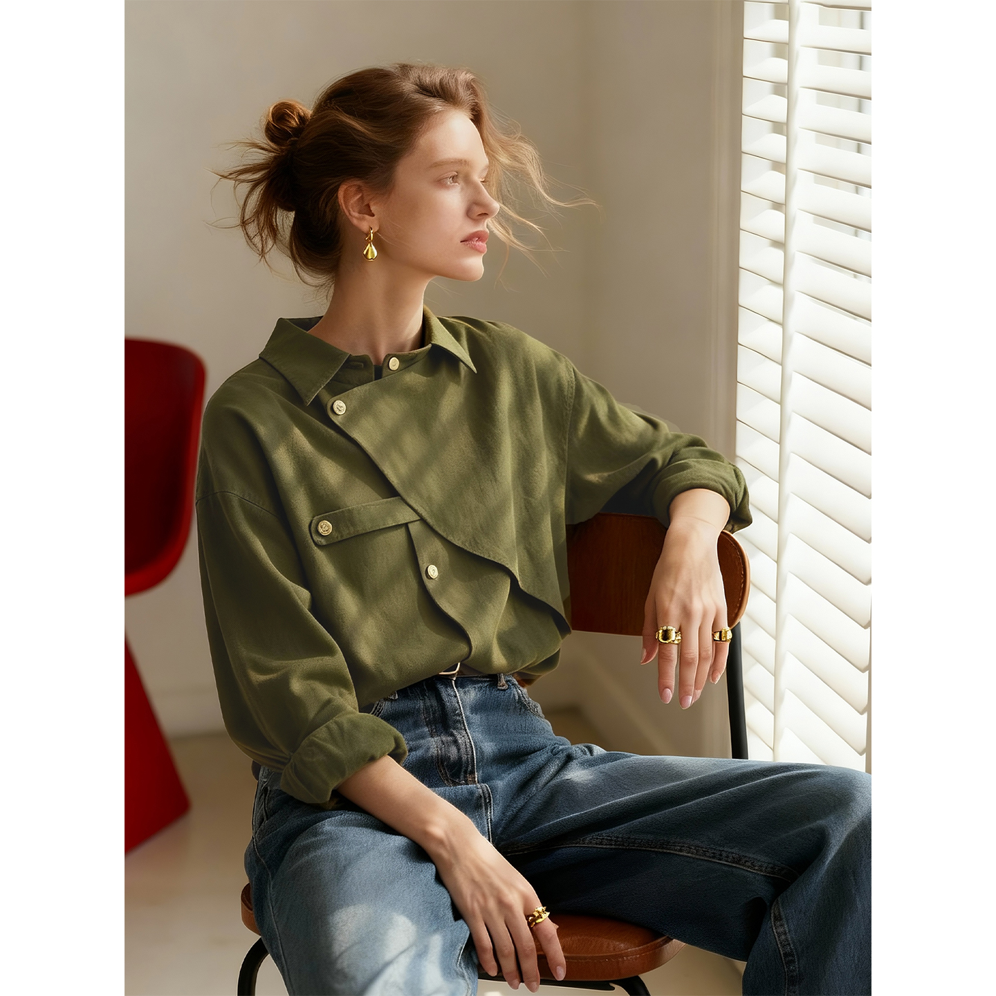 复古橄榄绿磨毛衬衫女2025年秋冬新款内搭叠穿衬衣设计感小众上衣 - 图0