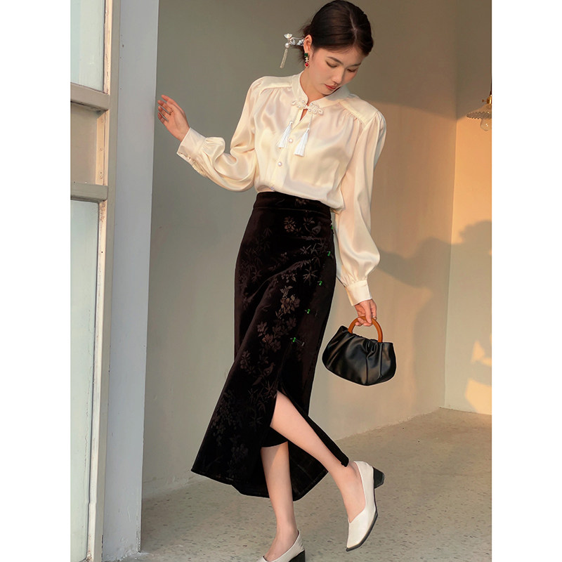 黑色提花半身裙女2026年春季新款新中式国风女装盘扣开叉包臀裙子,淘宝优惠券,粉丝福利购,淘宝优惠卷