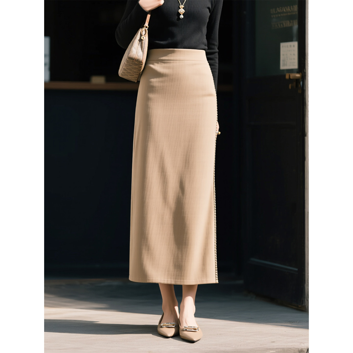 卡其色法式优雅风半身裙女2026年春季新款时尚气质开叉百搭长款裙,淘宝优惠券,粉丝福利购,淘宝优惠卷