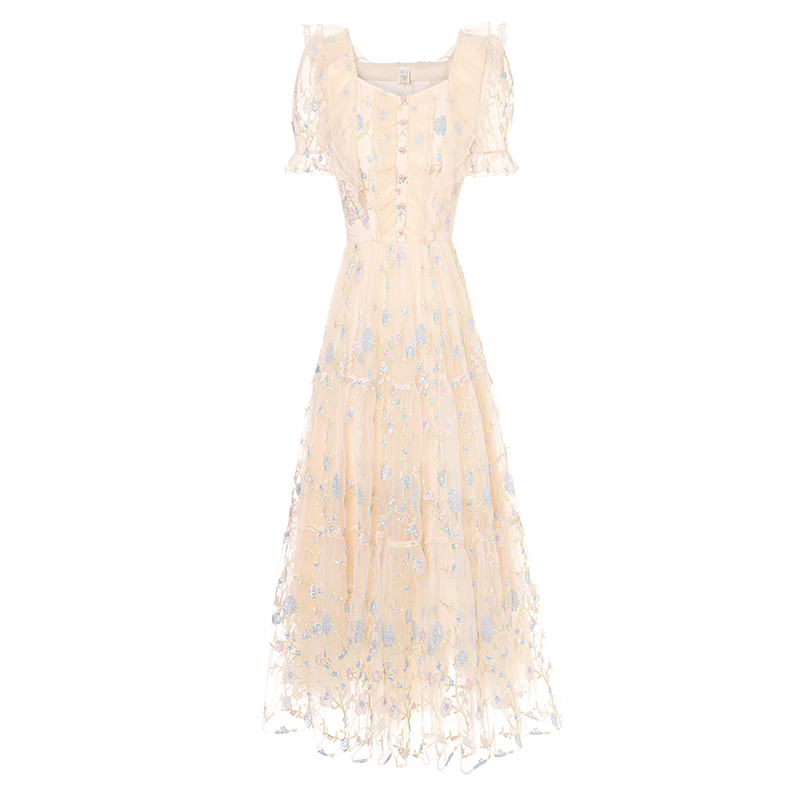 艾丽丝2025夏季新款优雅仙气公主裙杏色短袖刺绣中长款蛋糕连衣裙