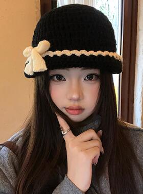 韩版小香风蝴蝶结黑色针织渔夫帽女秋冬季优雅毛线帽保暖百搭冷帽