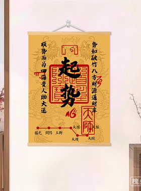 新中式【聚财起势】办公室茶室书房客厅实木挂画入户正对门壁画
