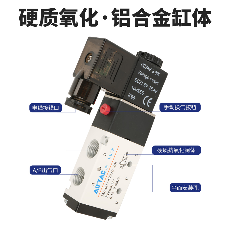 亚德客电磁阀气阀24V二位五通4V210-08/4V310-10/4V41015气动220V-图0