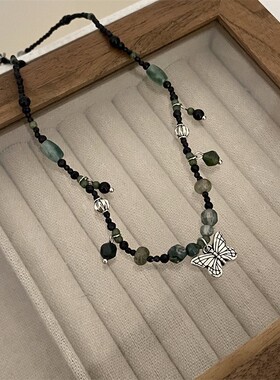 撤柜新中式复古串珠蝴蝶项链女轻奢小众设计感内搭装饰叠戴锁骨链