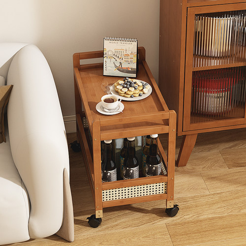 中古风小推车非实木移动可推拉家用复古茶几客厅沙发边几置物架子 - 图0